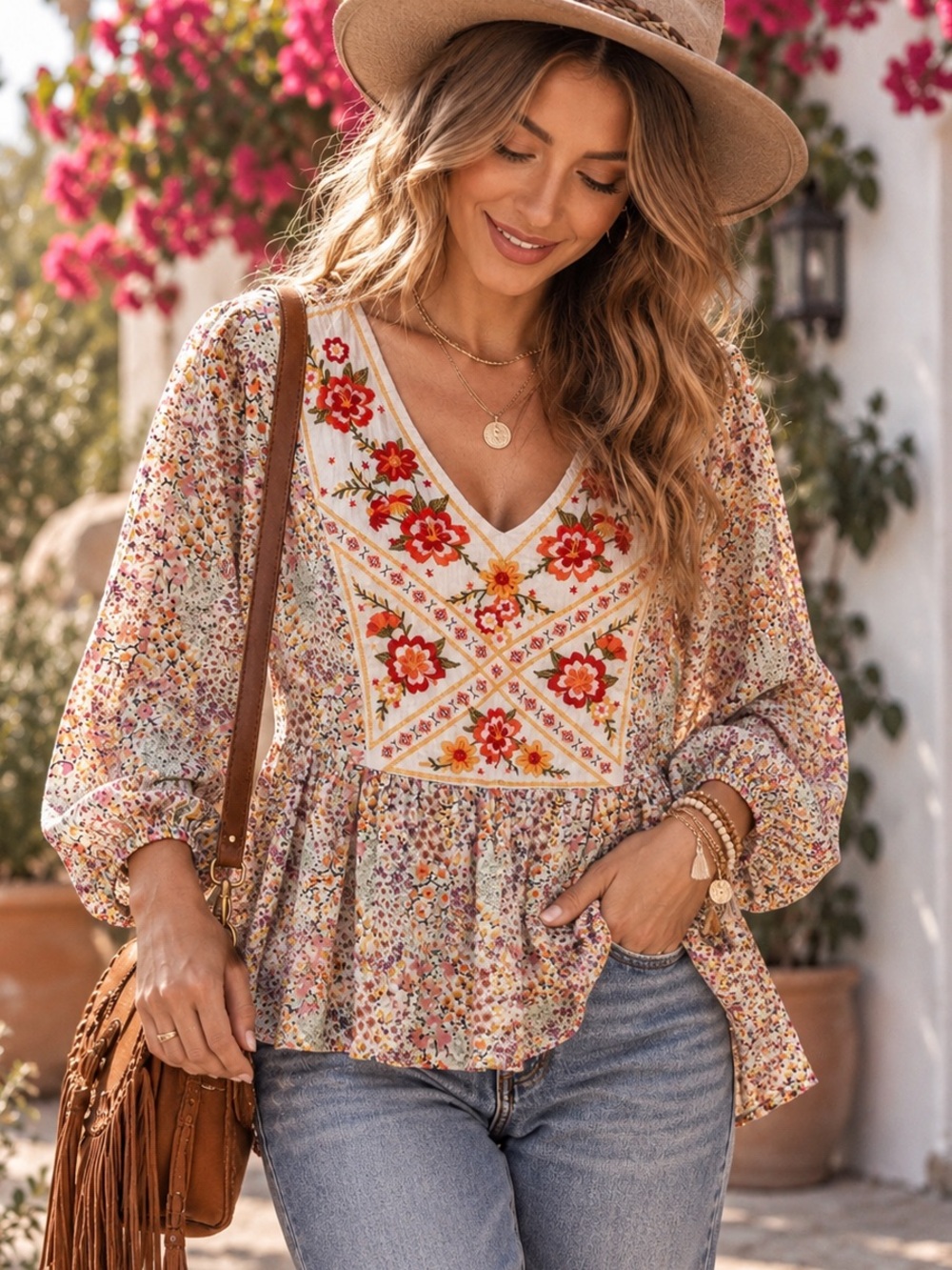 Savanna Jane Cream Floral Embroidered V-Neck Peplum Blouse